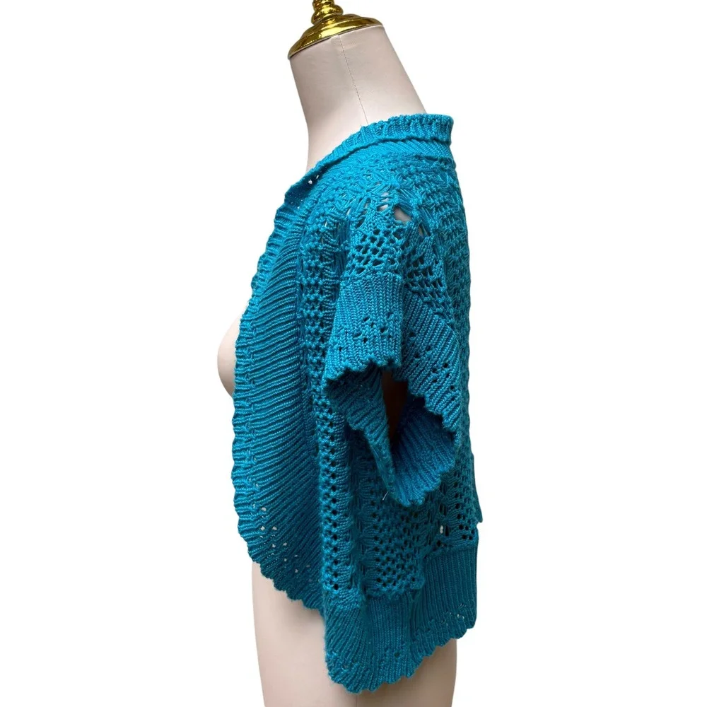 Sweaterworks Bolero Shrug SmTurquoise Blue Pointelle Open Knit Cropped Coastal - Picture 4 of 7